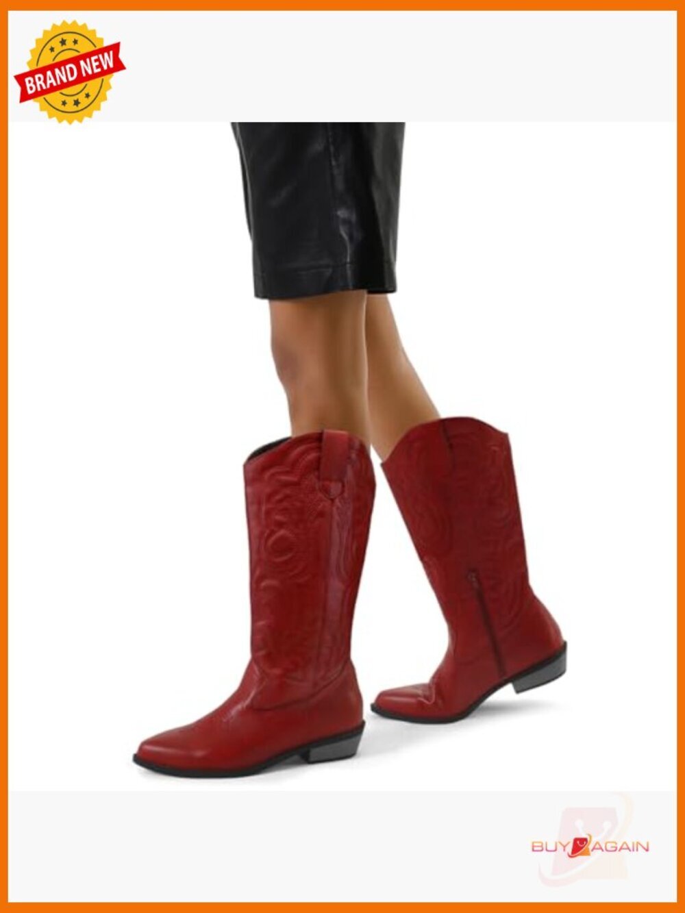 Women's Embroidered Cowboy Boots Mid Calf Chunky Heel Pull On Cowgirl Boots - Picture 3 of 7